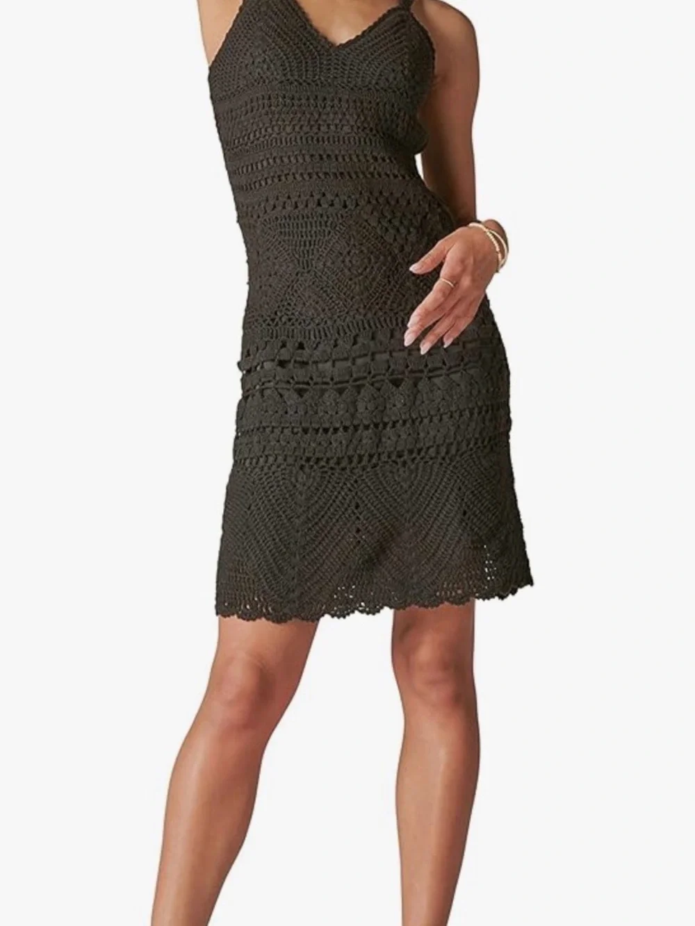 Lucky Brand Black Diamond Crochet V-Neck Mini Dress Cottagecore Boho Luxe Size M